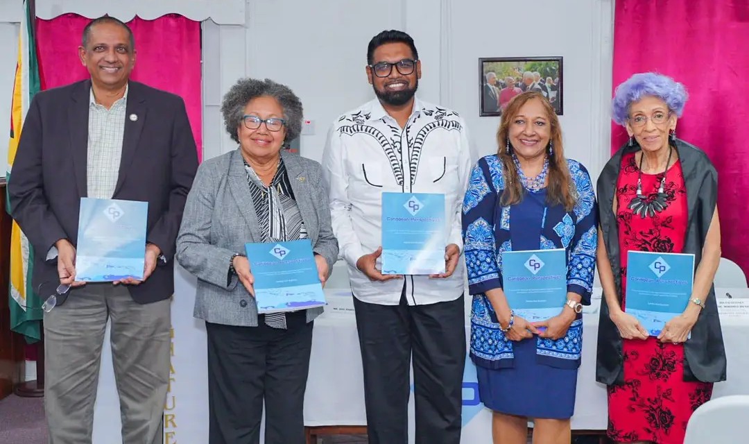 From left are GMSA President Ramsay Ali, CARICOM Secretary-General Dr. Carla Barnett, President Irfaan Ali, author Sandra Ann Baptiste and consultant Marguerite Buckmire.