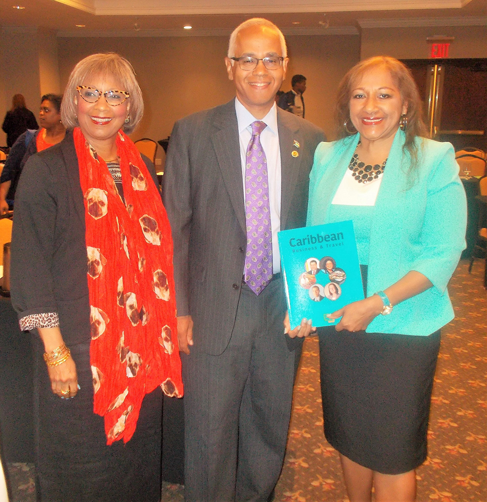 Displaying the first edition of CBT in 2016 at a CTO event in New York is Publisher and Editor Sandra Ann Baptiste and Associate Editor Gail Bindley-Taylor with then Bahamas Tourism Minister Dionisio D’ Aguillar.