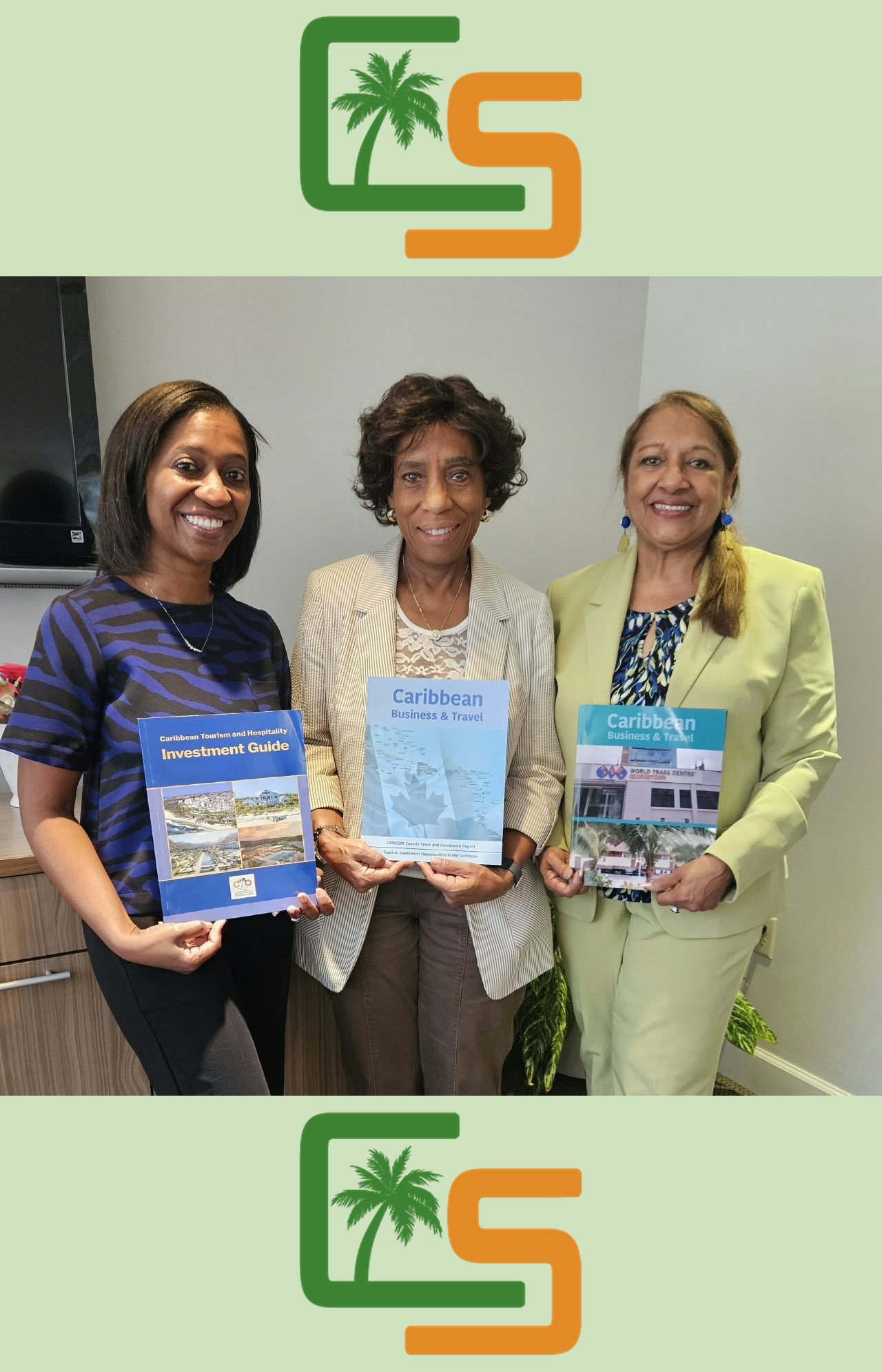 Denise Jordan, Executive Vice President of the Greater Fort Lauderdale Chamber of Commerce, Diana Lee-Baptiste, Chamber member, and Sandra Ann Baptiste display Caribbean Signature's publications.
